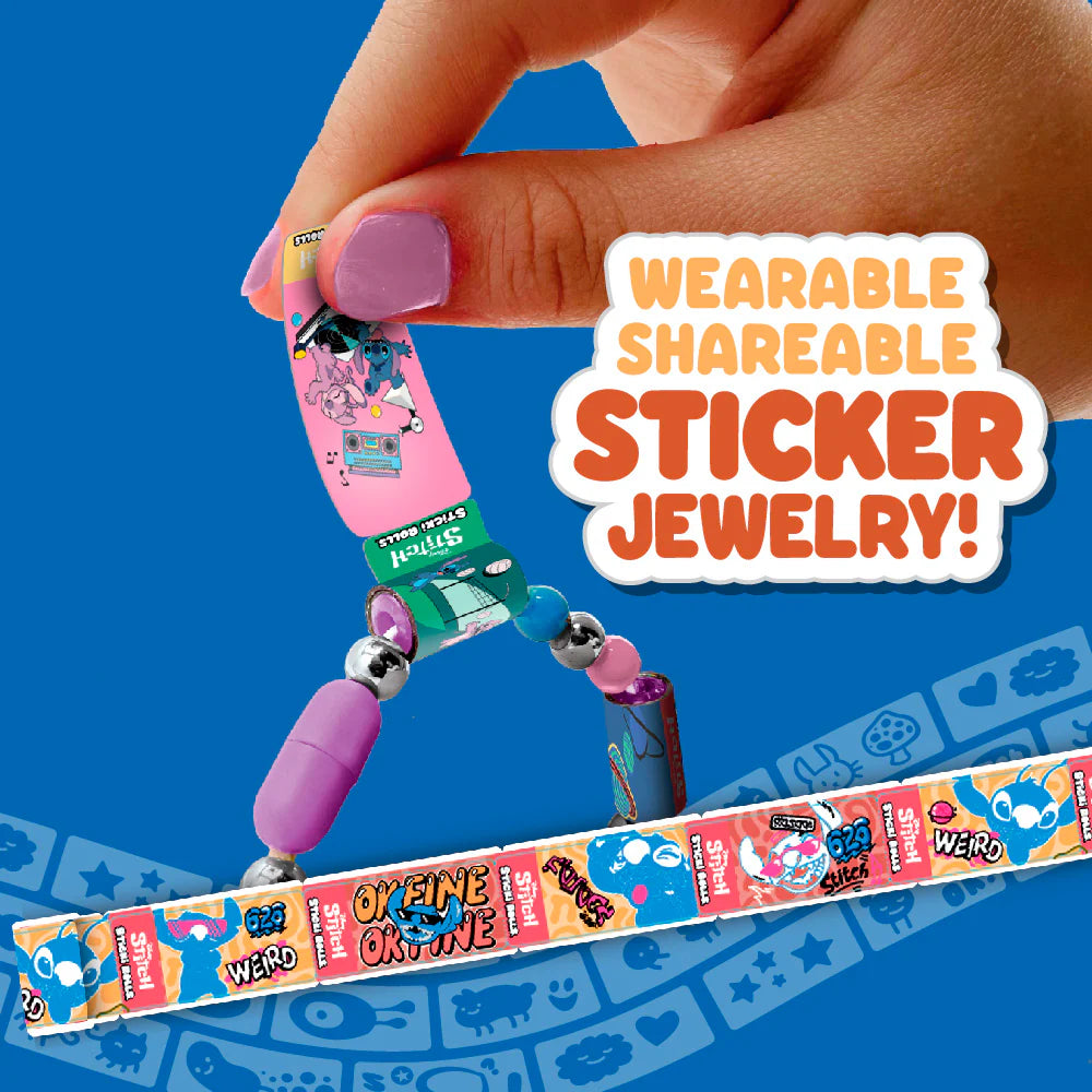 Hand holding a colorful sticker jewelry strip with text 'Wearable Shareable Sticker Jewelry!' on a blue background.