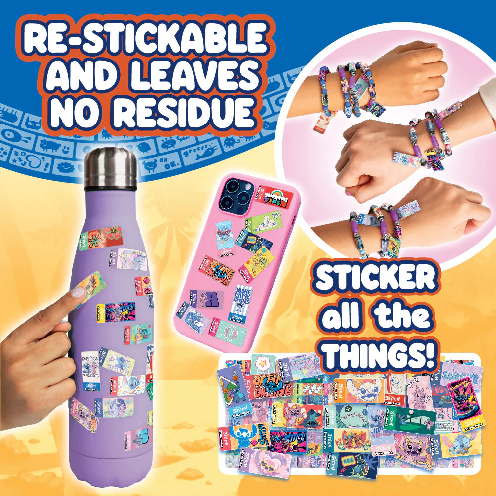 Product advertisement featuring a purple water bottle, pink phone case, and colorful stickers with text highlighting re-stickable properties.