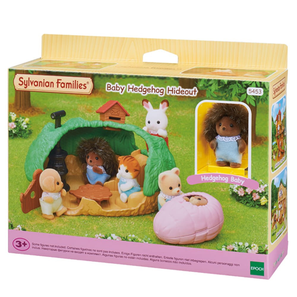 Sylvanian Families Baby Hedgehog Hideout packaging with toy figures and accessories.