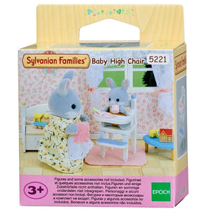 Sylvanian Families baby high chair set packaging with two rabbit figures.