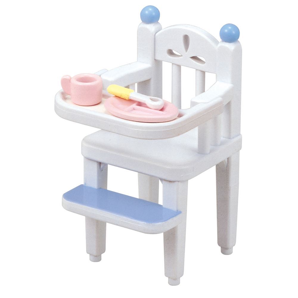 White high chair with blue accents and pink accessories on a white background