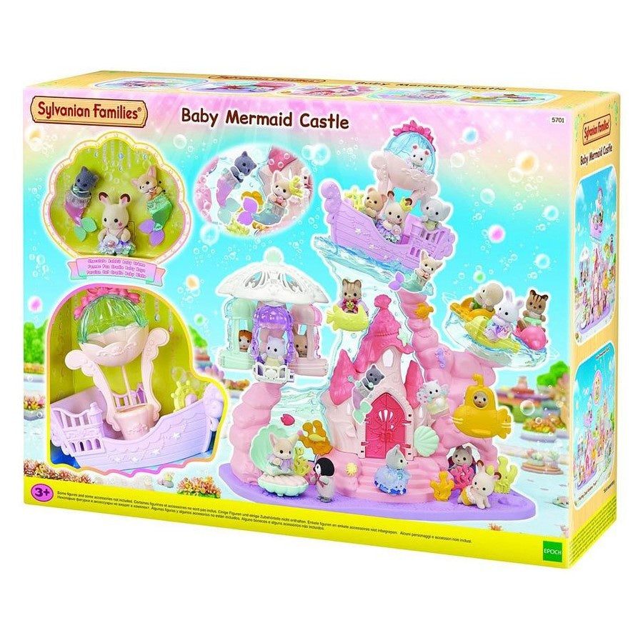 Sylvanian Families Baby Mermaid Castle toy set packaging with colorful design