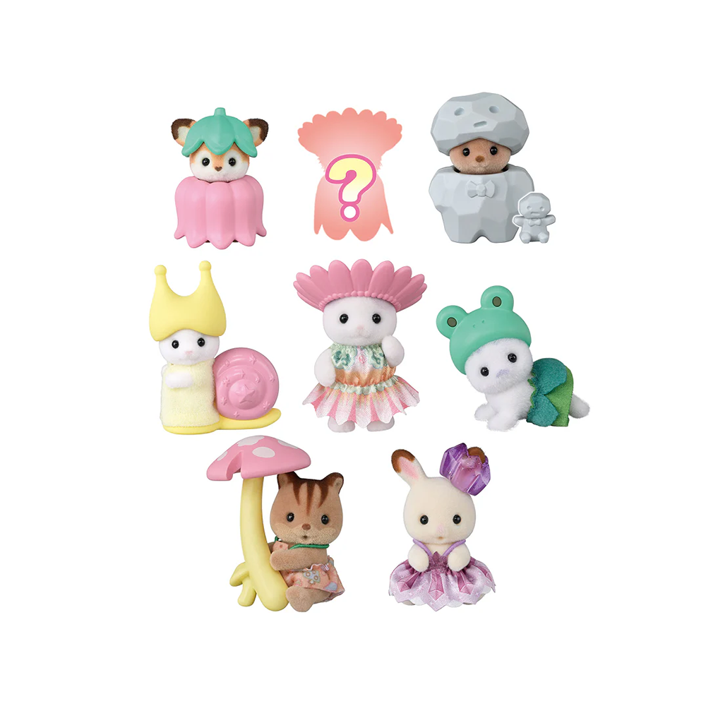 Set of small figurines with various designs on a white background
