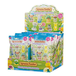 Display of Sylvanian Families toy packaging with baby figures on a white background