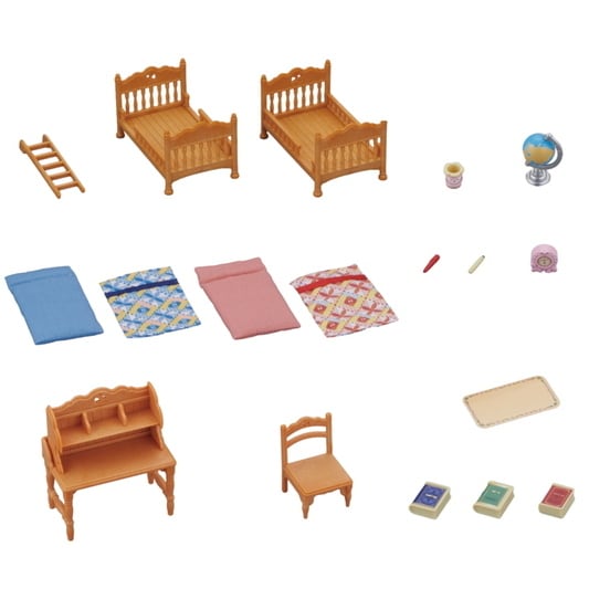Set of miniature wooden furniture and accessories on a white background