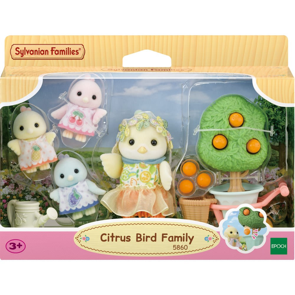 Sylvanian Families Citrus Bird Family set in packaging with tree and birds.