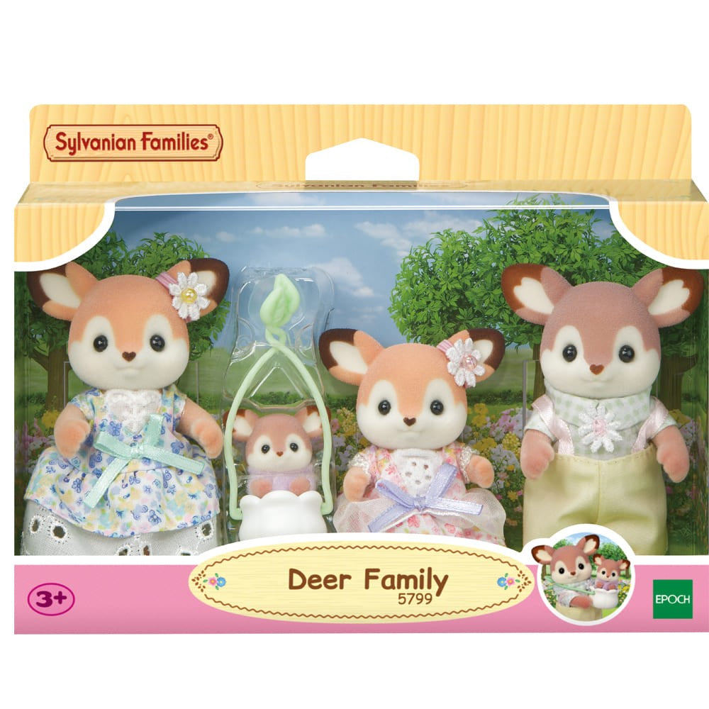 Sylvanian Families Deer Family set packaging with three deer figures and a baby deer in a basket.