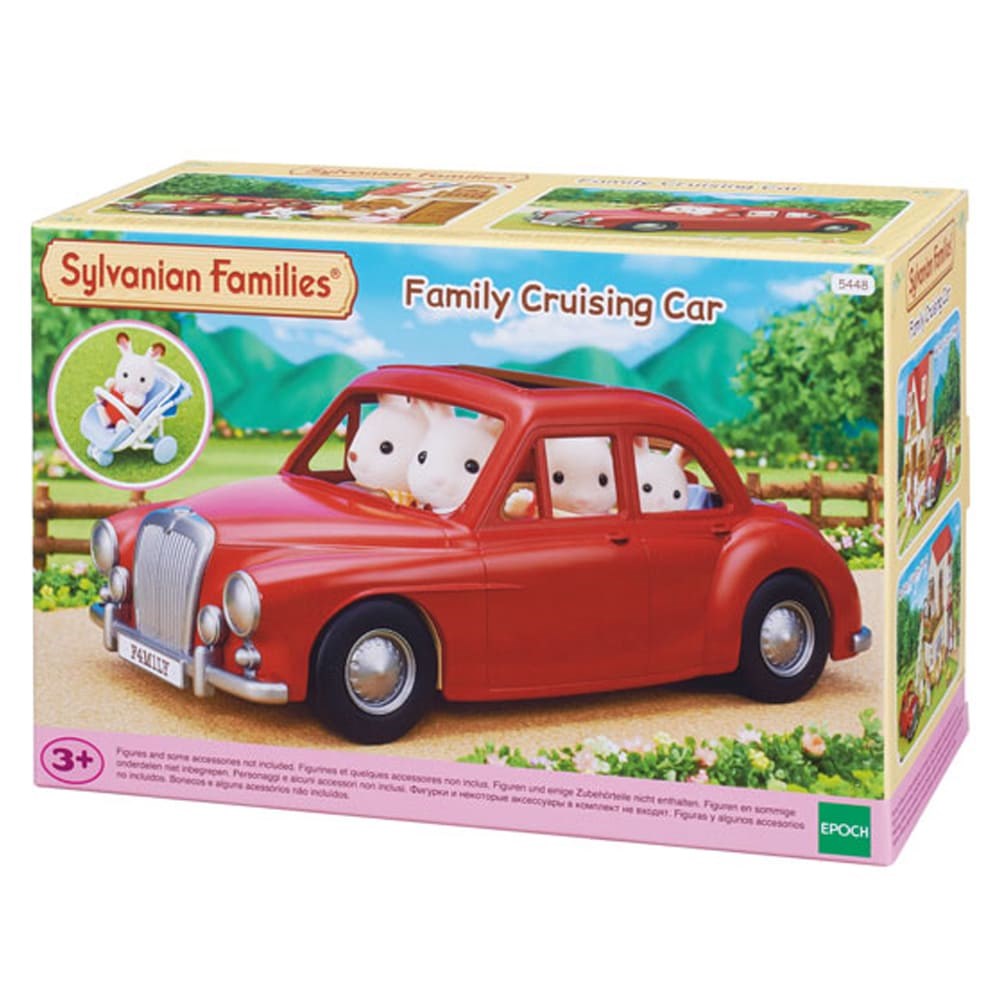 Box of Sylvanian Families Family Cruising Car with red car and family figures on a scenic background.