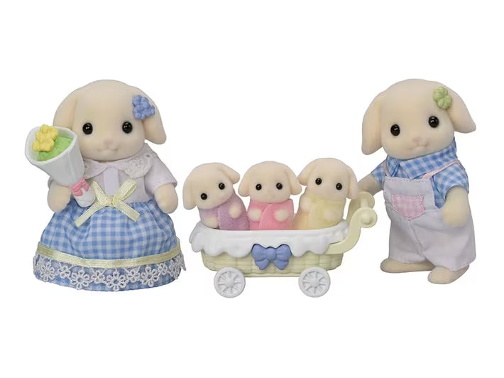 Toy figurines of a family with a mother, father, and three children in a stroller on a white background.