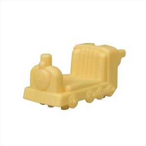 Yellow train-shaped object on a white background