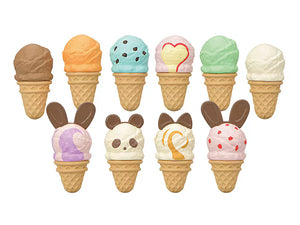 Set of ice cream cone-shaped candies with various designs on a white background