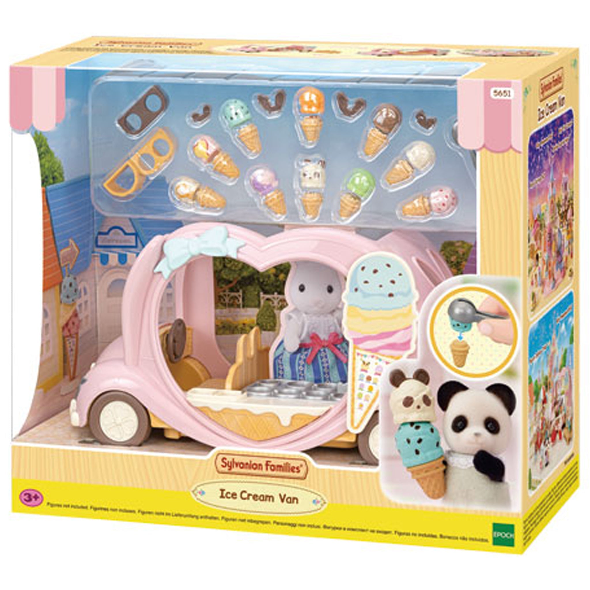 Sylvanian Families Ice Cream Van toy set in packaging with ice cream cones and characters.