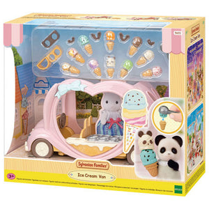 Sylvanian Families Ice Cream Van toy set in packaging with ice cream cones and characters.