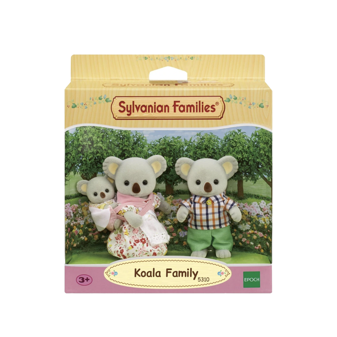 Sylvanian Families Koala Family packaging with three koalas in a garden setting.