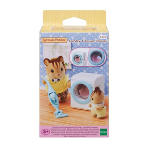 Sylvanian Families laundry and vacuum cleaner set packaging on a white background
