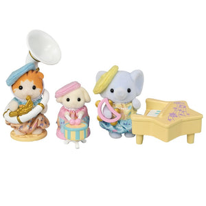 Set of toy figurines with musical instruments and a piano on a white background