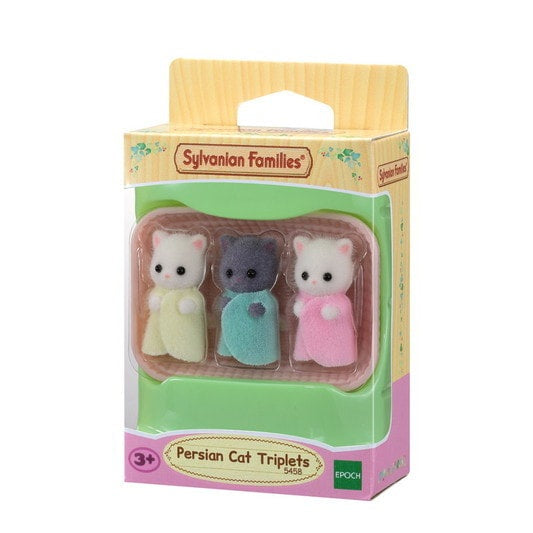 Packaged toy Persian cat triplets from Sylvanian Families on a white background