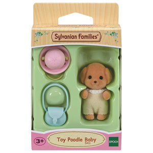 Sylvanian Families Toy Poodle Baby set in packaging with pacifier and teether.