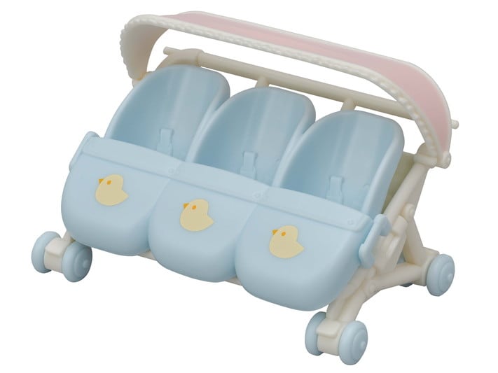 Baby stroller with three blue seats and duck illustrations on a white background