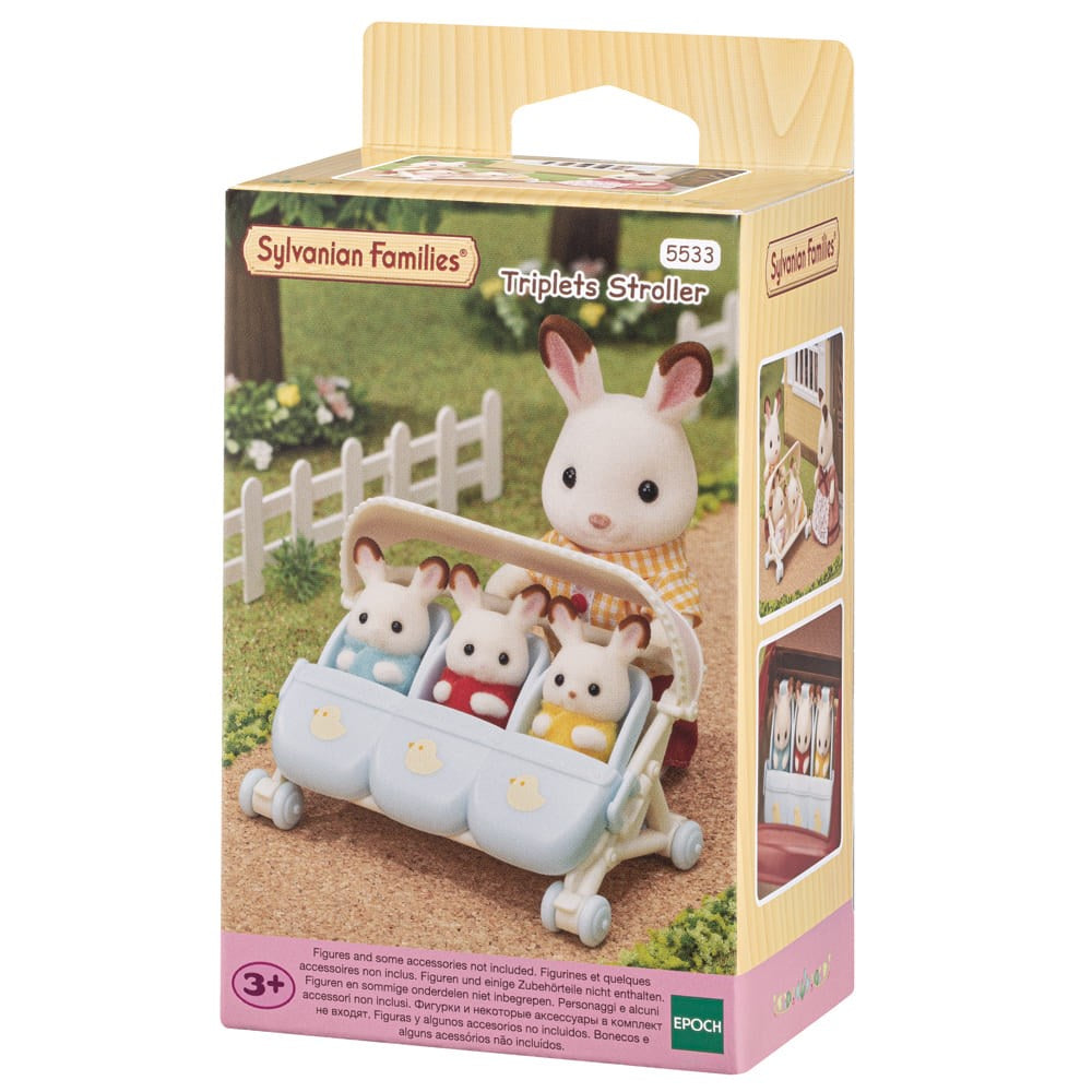 Sylvanian Families Triplets Stroller packaging with rabbit family on a white background