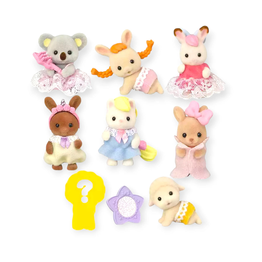 Set of small animal figurines with accessories on a white background