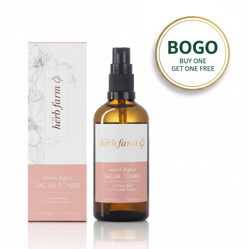 Herb Farm facial toner bottle and packaging on a white background