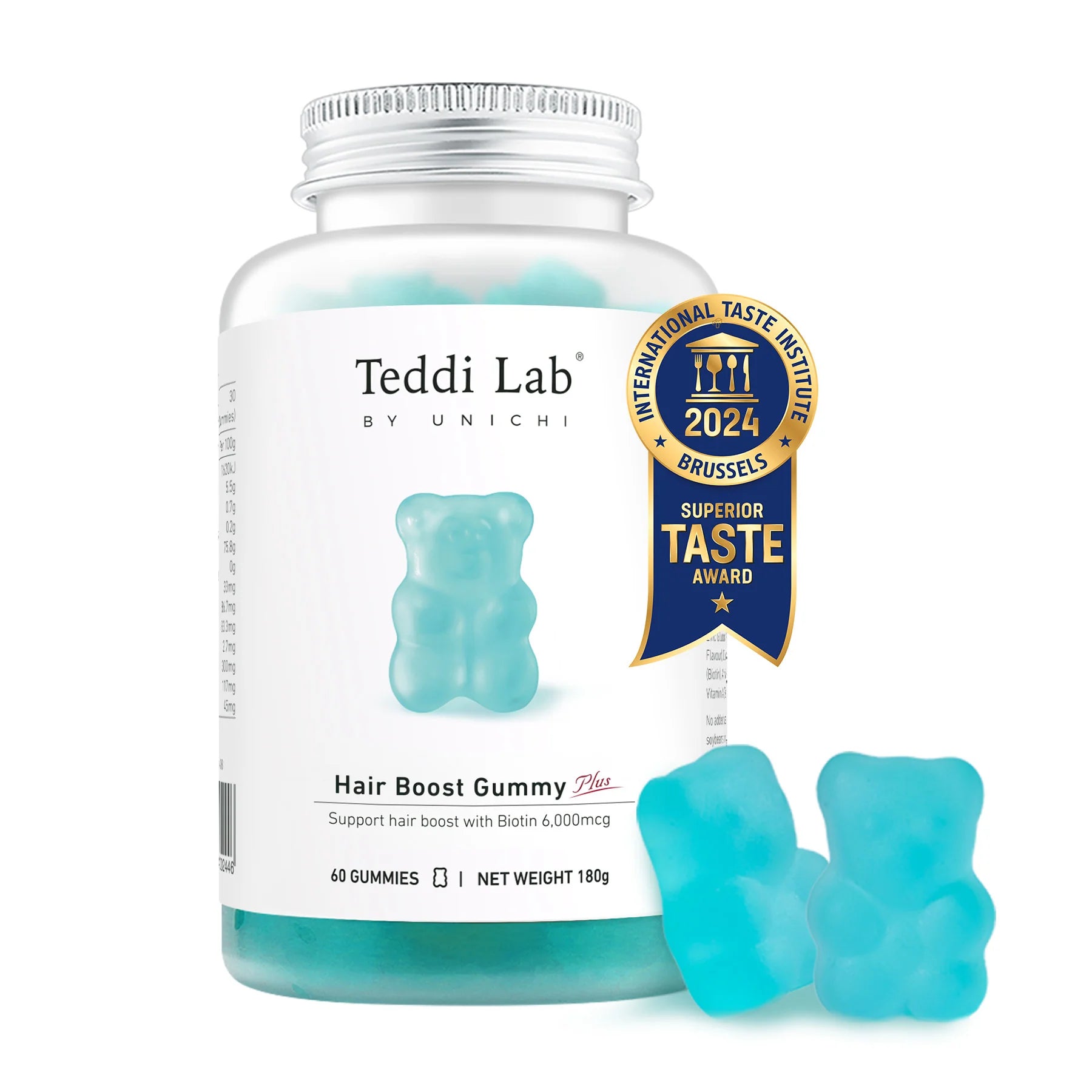 Teddi Lab hair boost gummy supplement bottle with blue gummies on a white background