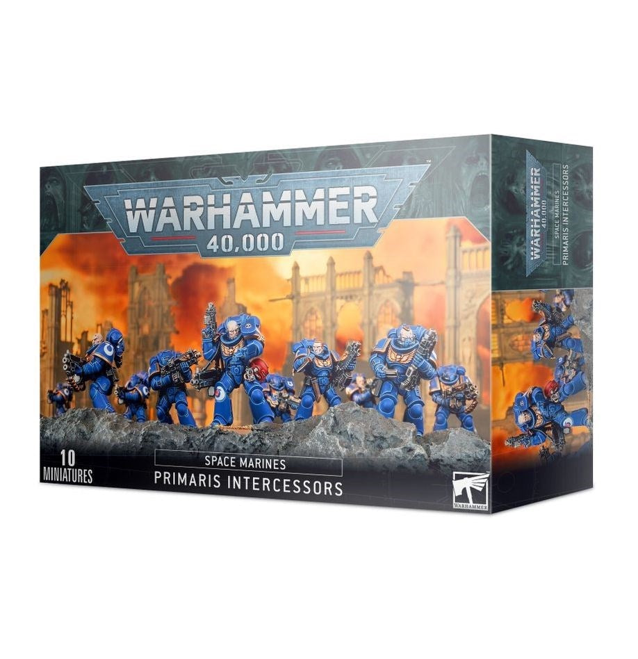 Warhammer 40,000 Space Marines Primaris Intercessors miniatures box on a white background