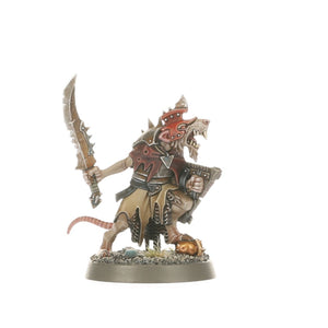 alt_text=Warhammer Age of Sigmar Introductory Set miniature figure of a Skaven warrior with a sword.