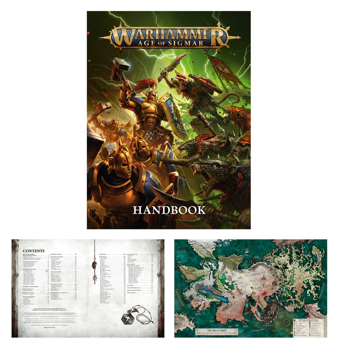 Warhammer Age of Sigmar Introductory Set handbook featuring contents and illustrations.