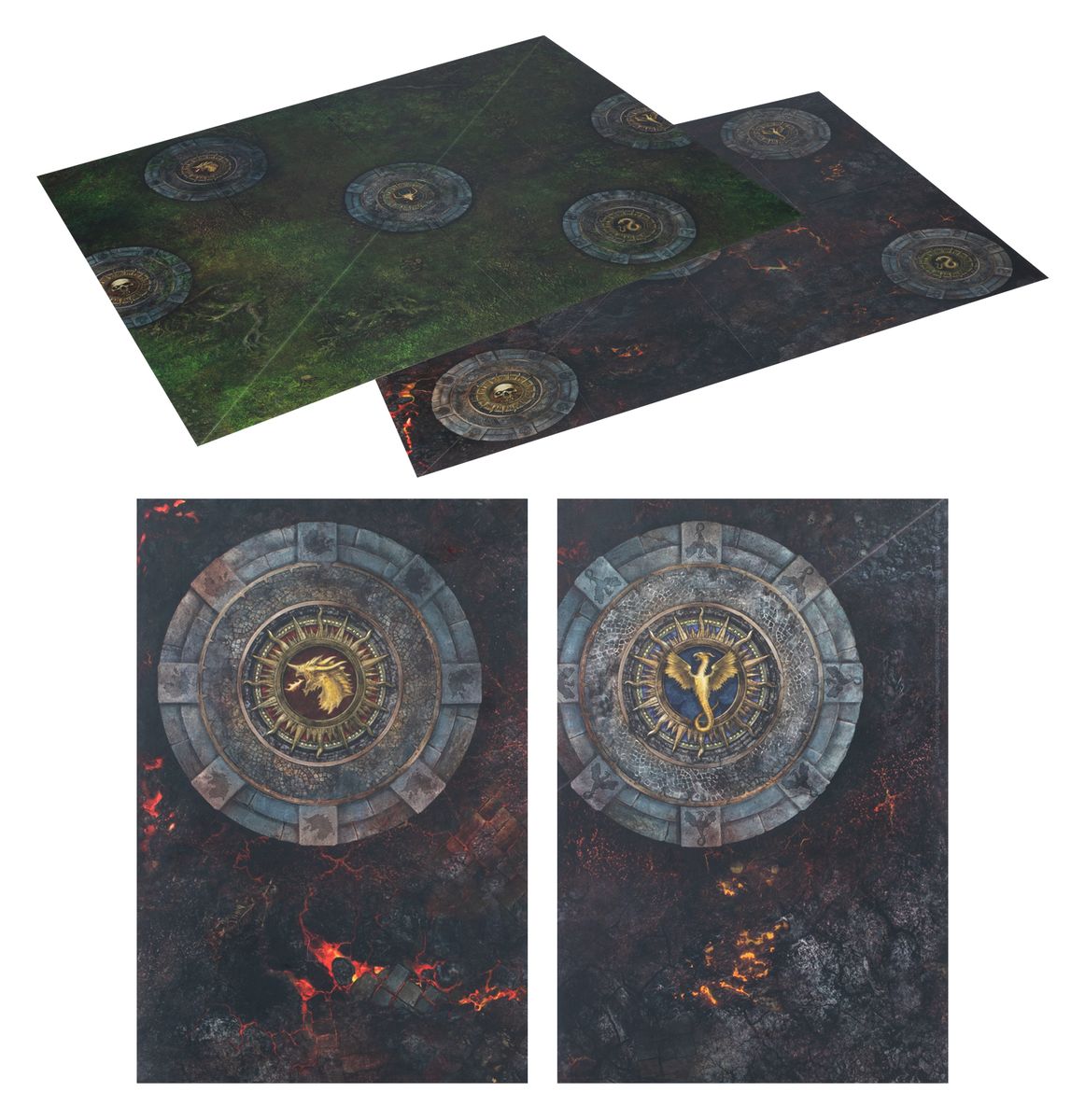 Warhammer Age of Sigmar Introductory Set game mat featuring detailed circular designs for tabletop battles.
