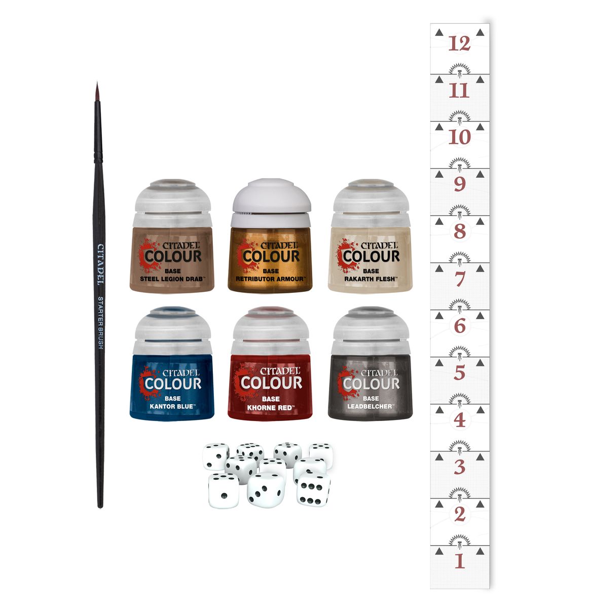 Warhammer Age of Sigmar Introductory Set including paints, brush, dice, and measuring ruler.