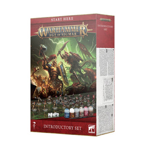 Packaging of the Warhammer Age of Sigmar Introductory Set featuring miniatures and game components.