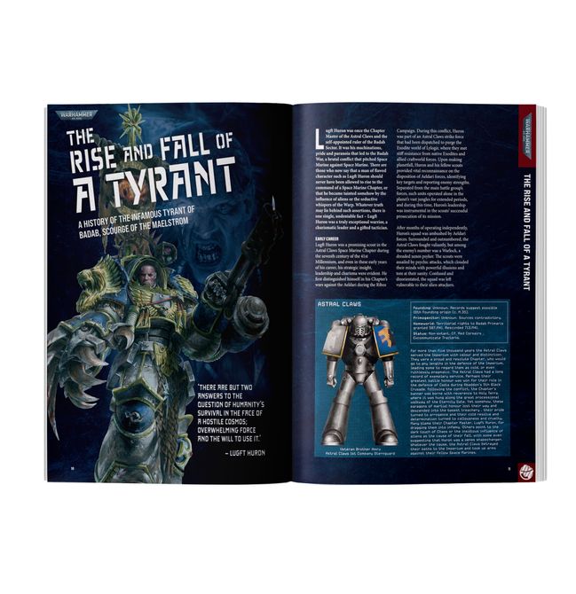 Open book showing a page with a warrior figure and text about 'The Rise and Fall of a Tyrant'.