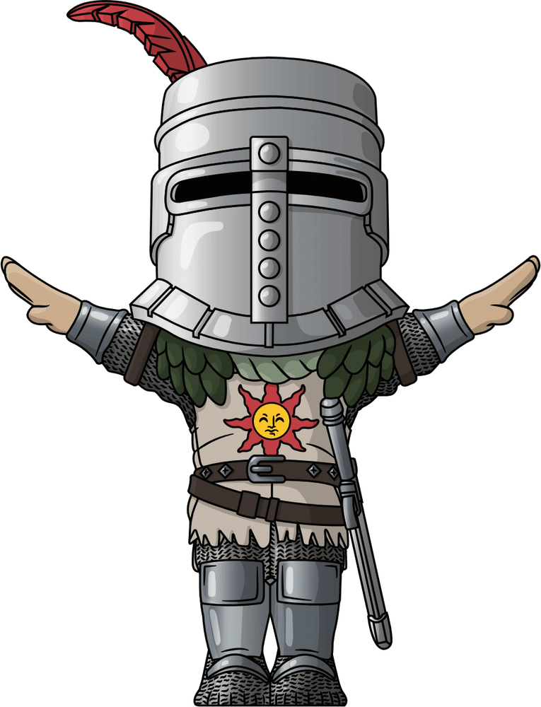 Animated character in armor with a helmet, holding a spear, on a transparent background