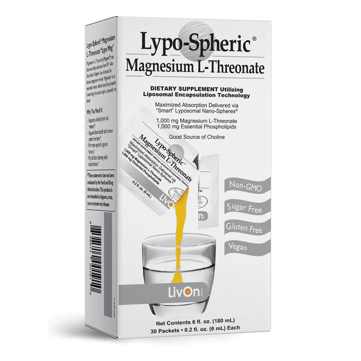 LivOn Labs Lypo-Spheric Magnesium L-Threonate 6ml*30 Packets.