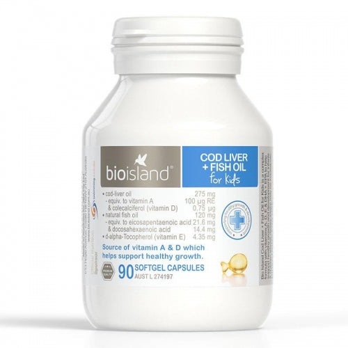 Bio Island Cod Liver + Fish Oil For Kids 90 Softgel Capsules.