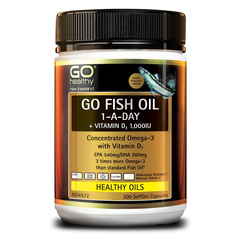 Go Healthy GO Fish Oil 1-A-Day+Vitamin D3 1000IU 200 Softgels.