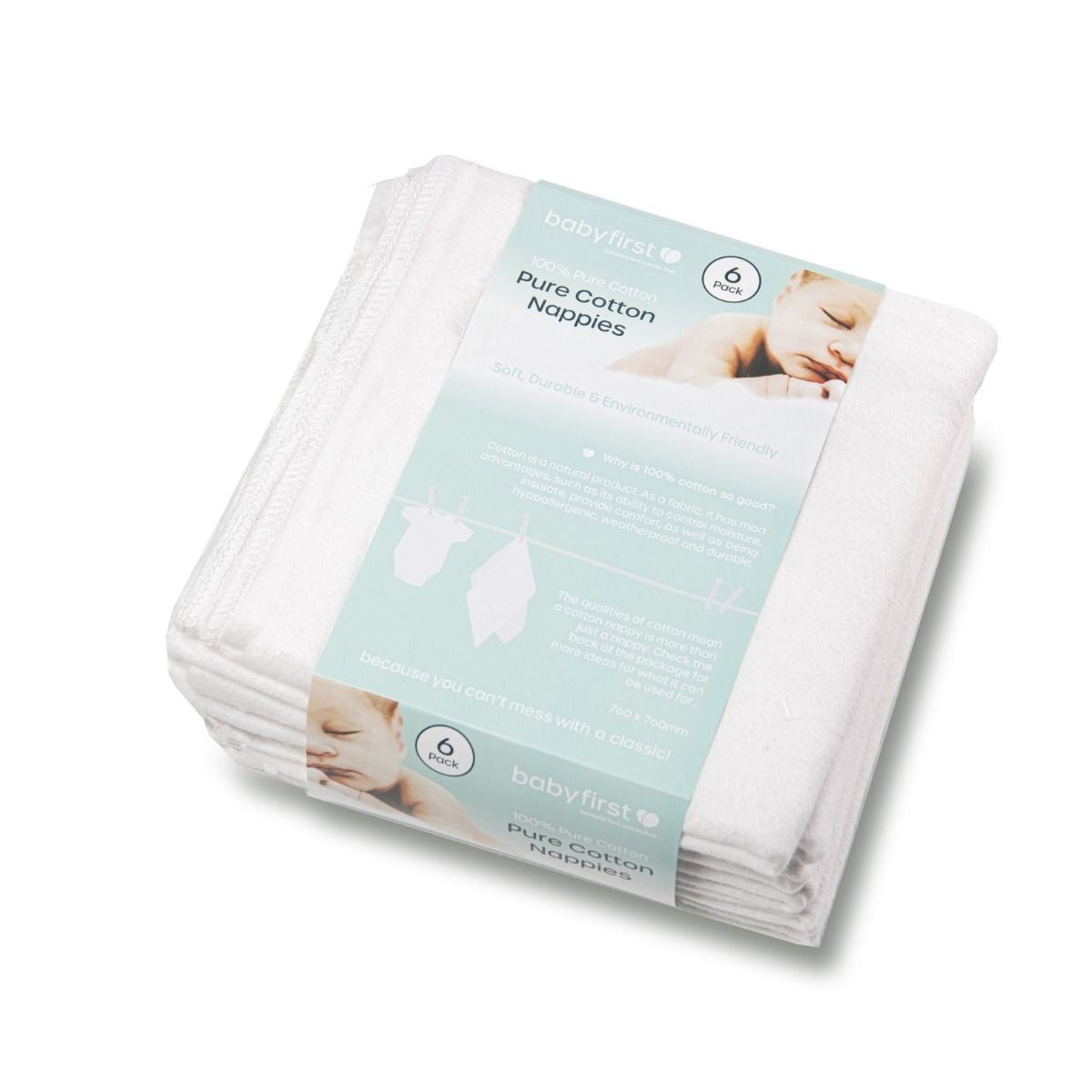 A pack of six pure cotton nappies from Baby First, an eco-friendly and comfortable option for babies' delicate skin.