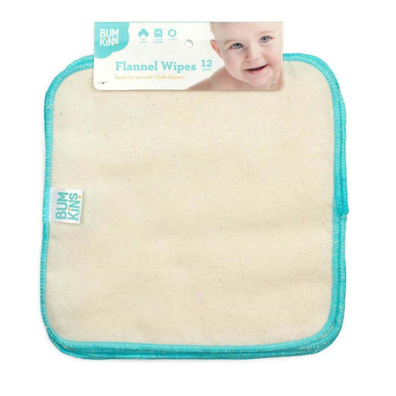 Bumkins Reusable Baby Wipes - Natural/Aqua Trim - 12 Pack.