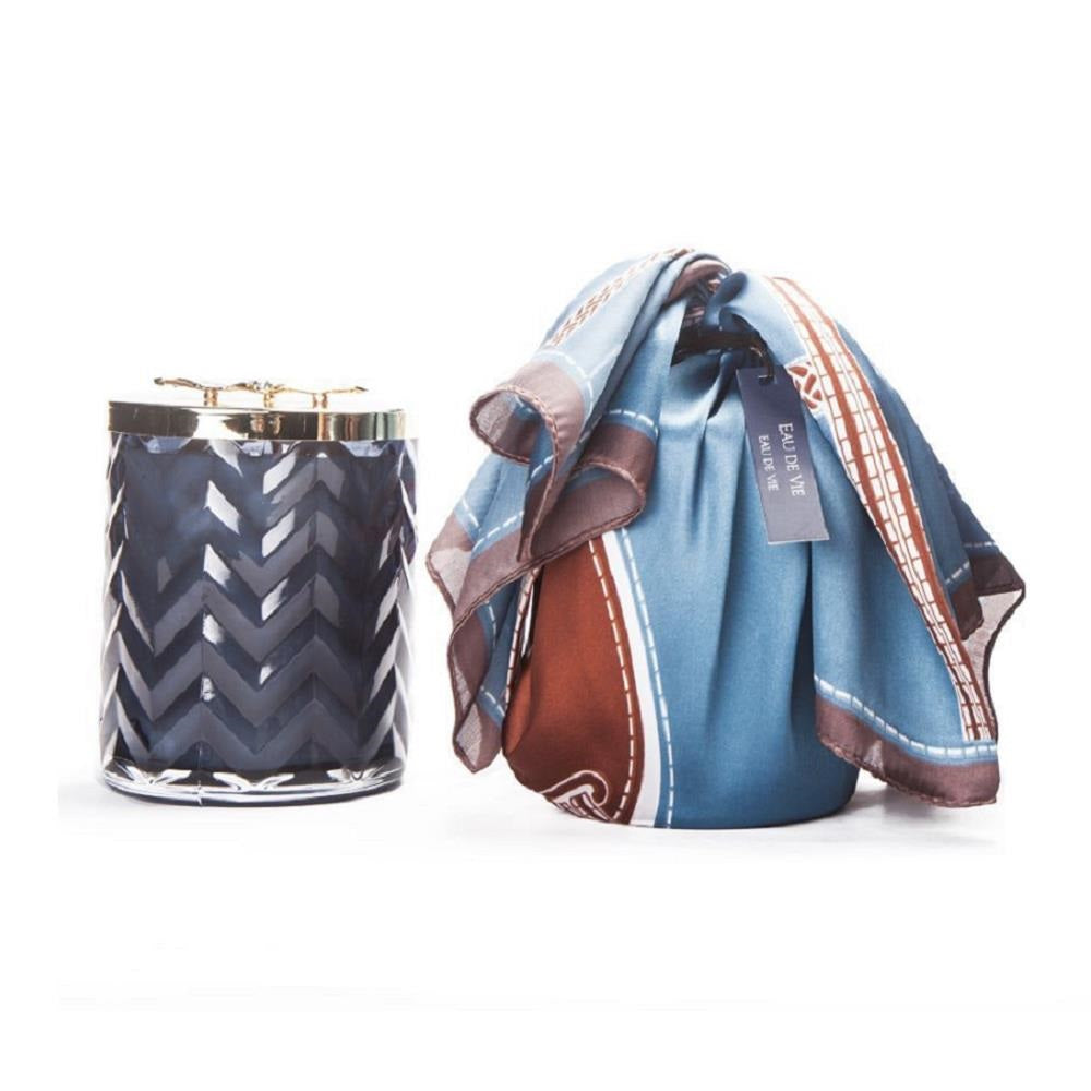 Cote Noire Herringbone Candle With Scarf Eau De Vie- Navy & Dragonfly Lid - HCG05.