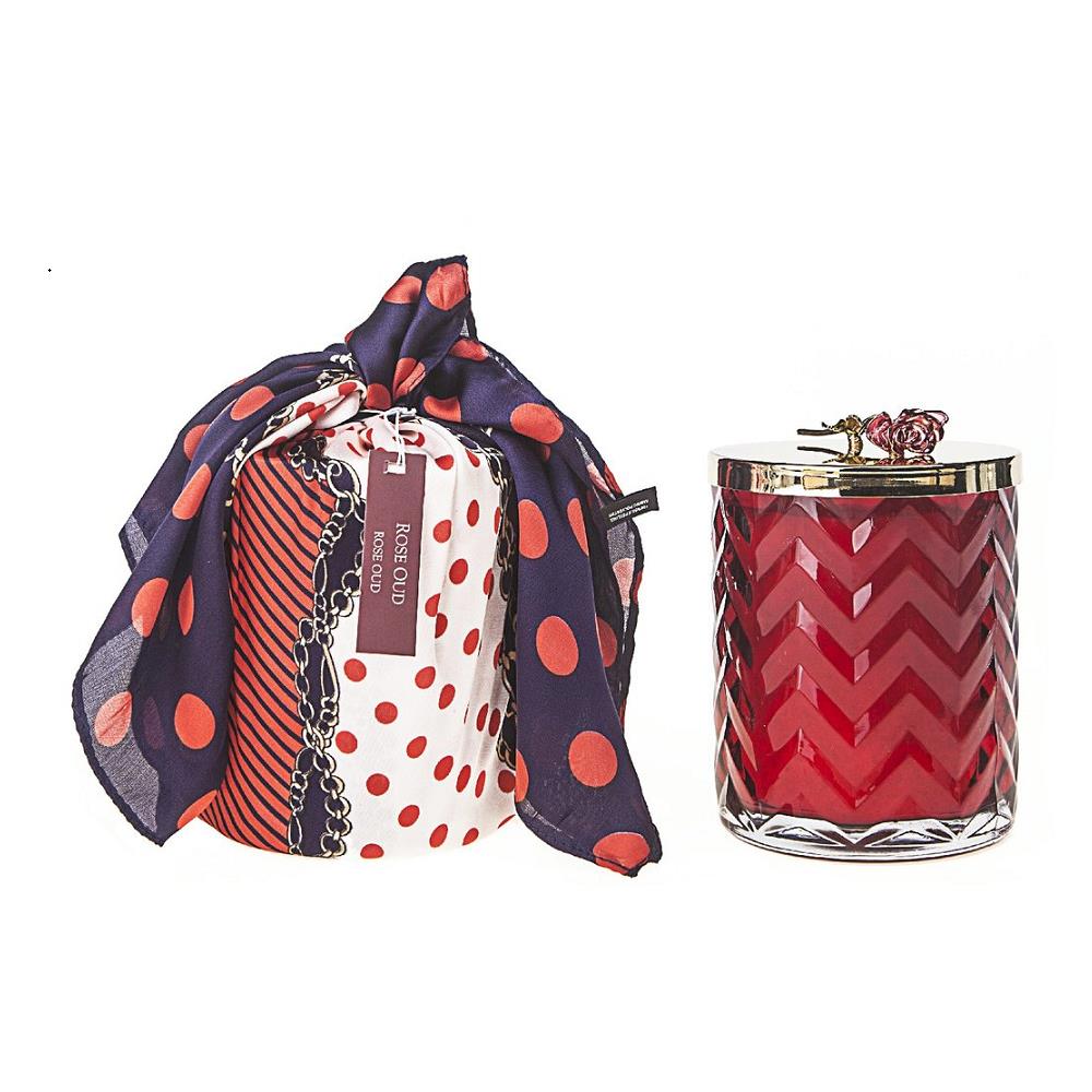 Cote Noire Herringbone Candle With Scarf Rose Oud - Red & Red Rose Lid - HCG07.