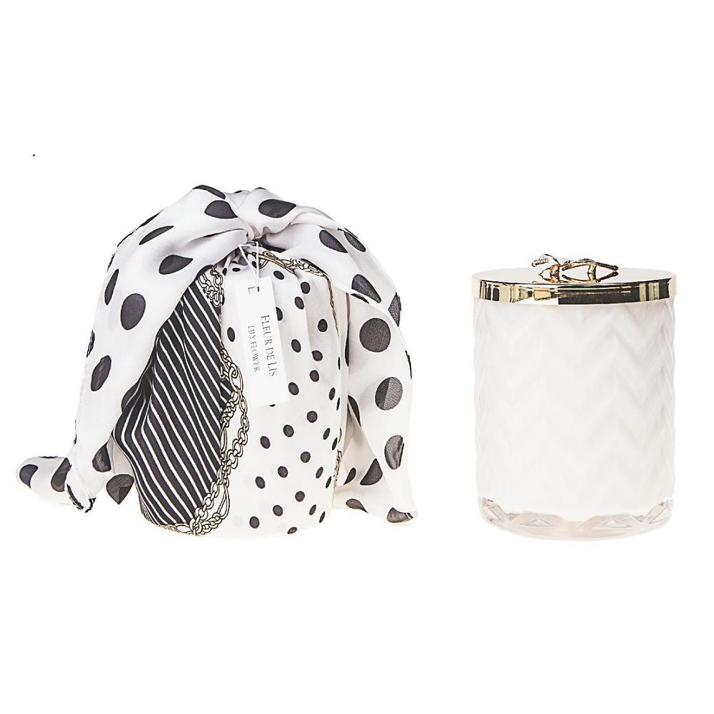 Cote Noire - Herringbone Candle With Scarf - White - Lilly Flower Lid - HCG06.