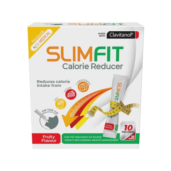 "Slimfit Calorie Reducer" - A dietary supplement with glucomannan, chromium, and vitamin B6, designed to reduce calorie intake and support weight loss efforts.