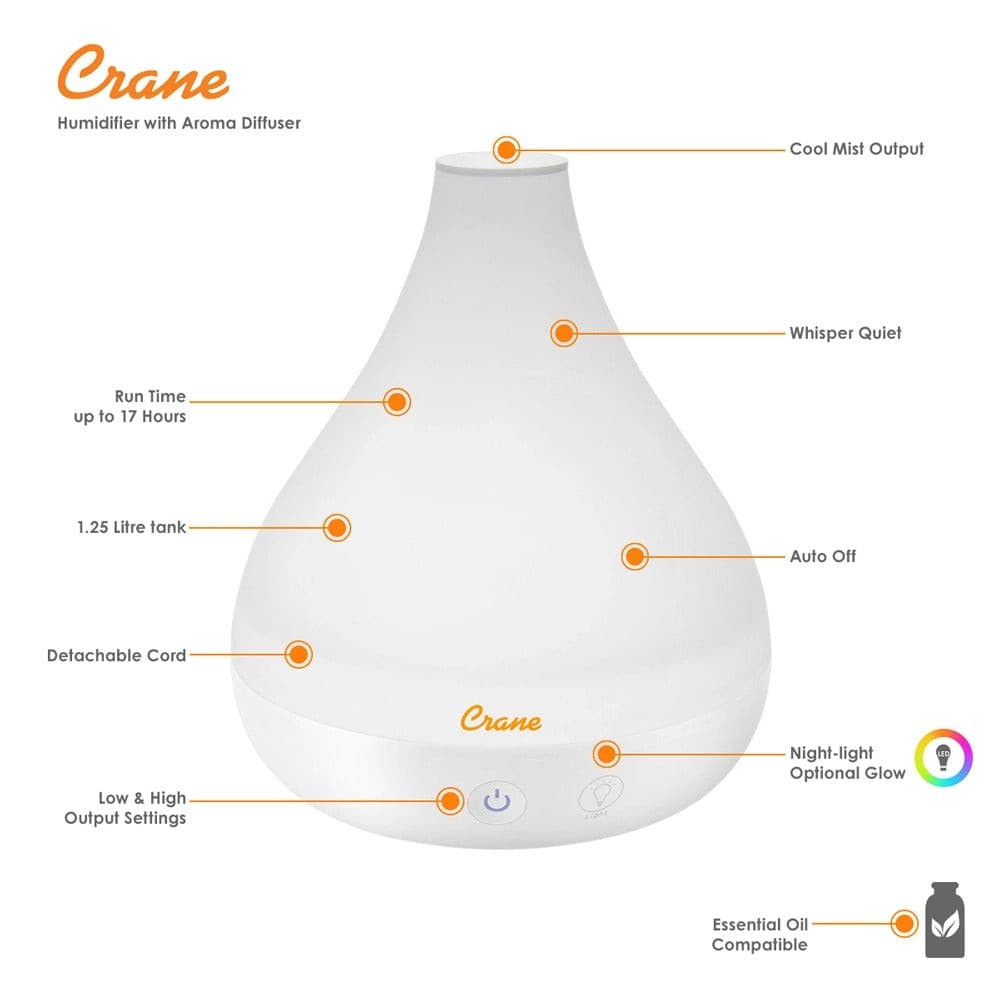 Crane Cool Mist Humidifier + Aroma Diffuser  - White.