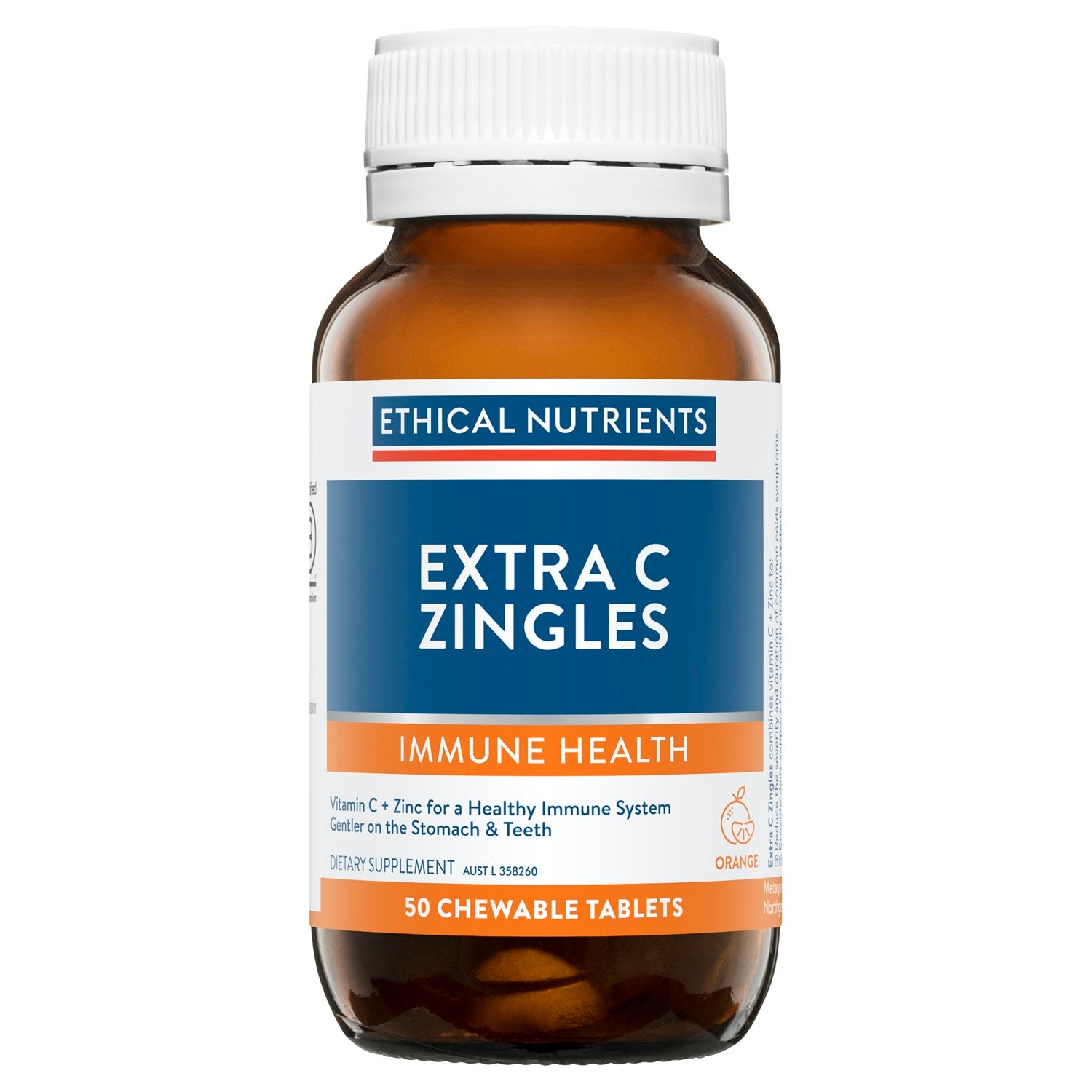 Ethical Nutrients Immuzorb Extra C Zingles Orange 50 Tablets.