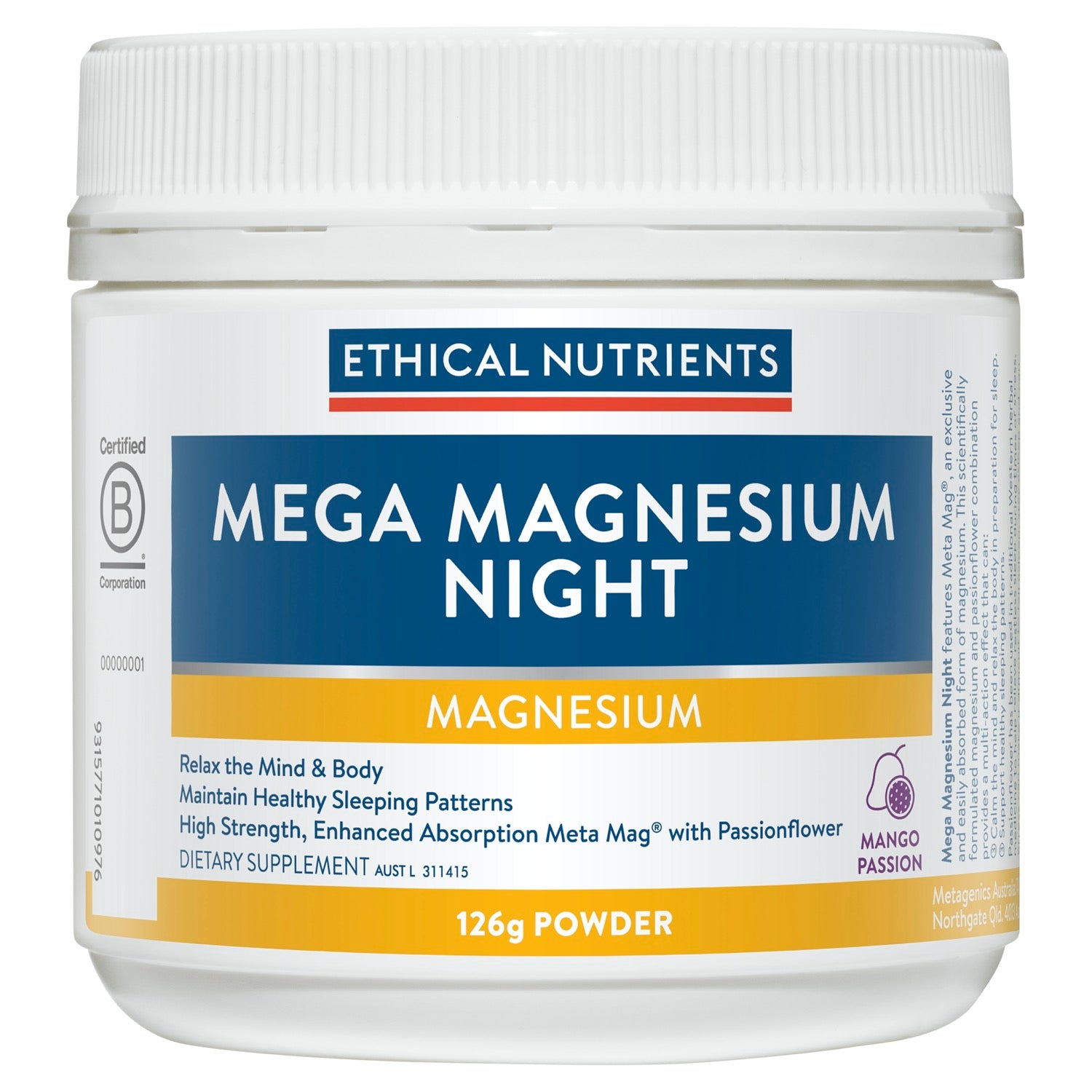 Ethical Nutrients Megazorb Mega Magnesium Night Mango Passion 126g.