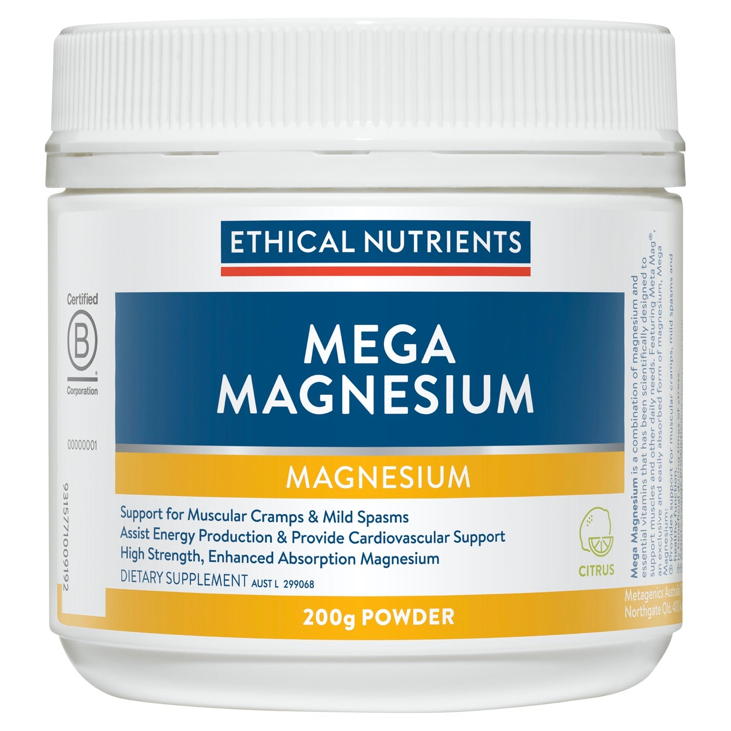 Ethical Nutrients Megazorb Mega Magnesium Powder Citrus 200g.