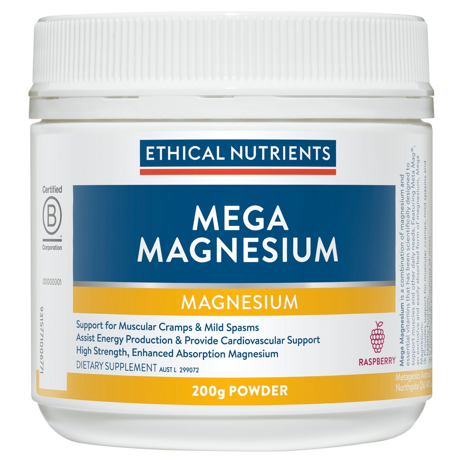 Ethical Nutrients Megazorb Mega Magnesium Powder Raspberry 200g.