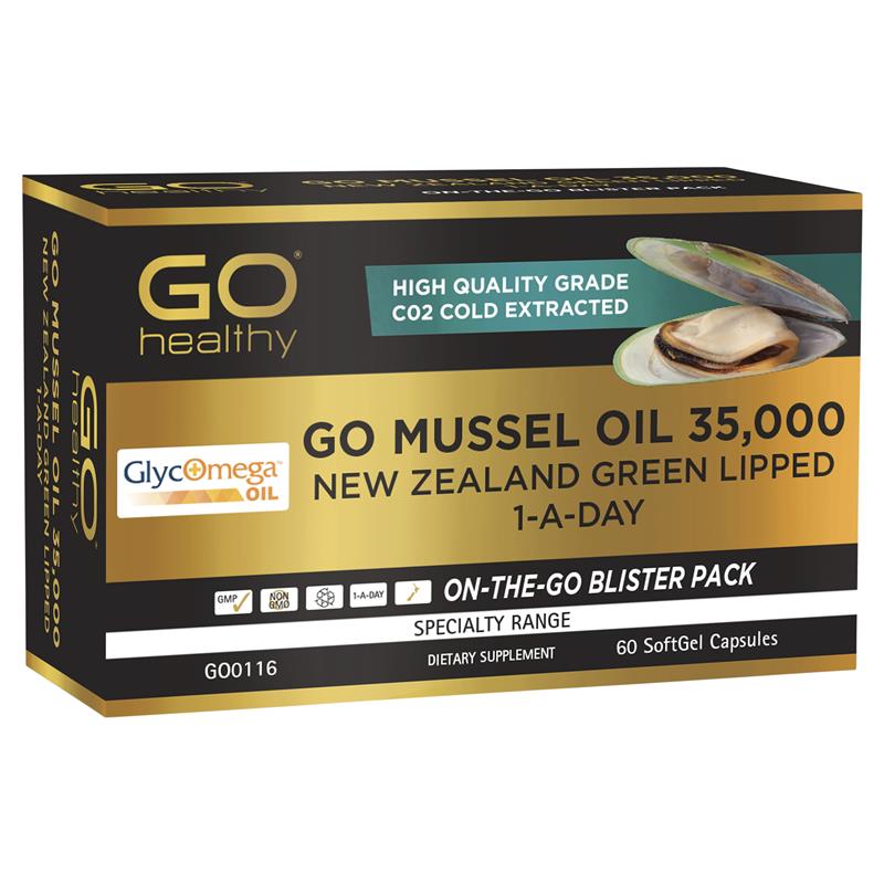 GO Healthy GO Mussel Oil 35,000 NZ Green Lipped 1-A-Day 60 Softgels.